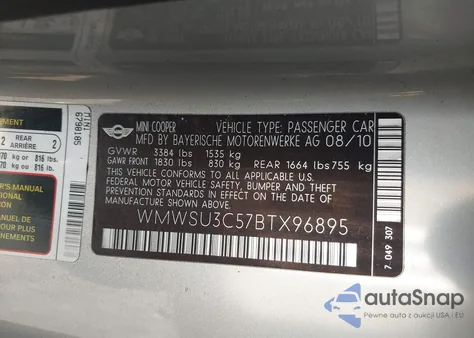 2011 Mini Cooper из США, поврежденный, VIN WMWSU3C57BTX96895